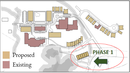 Tan color represents new potential structures; dark pink indicates existing buildings on campus.