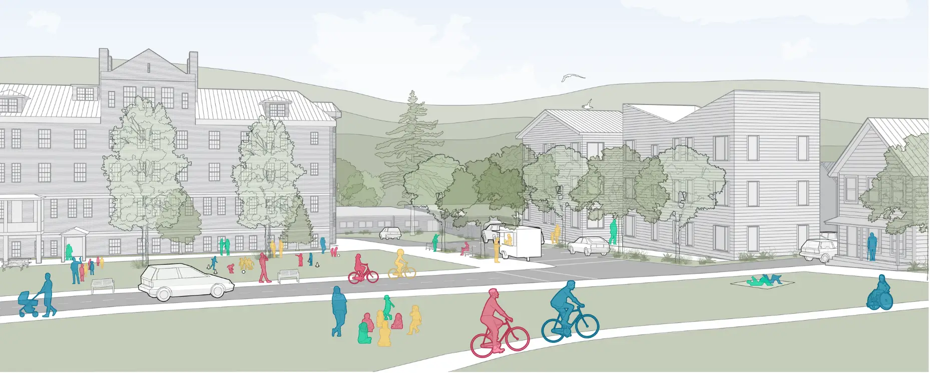 A, srchetectural rendering of buildings, people walking, biking and kids playing in a neighborhood with tree lined streets